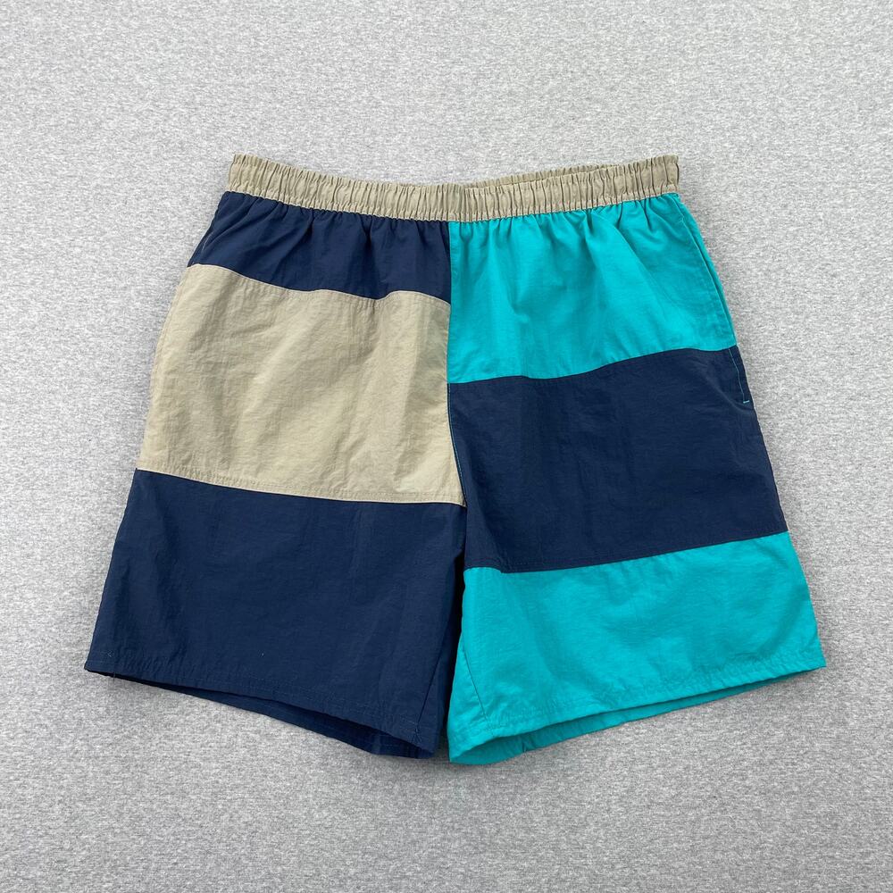 Vintage Great Lakes Mens 6" Swim Shorts Size M Blue Tan Colorblock Retro 90s